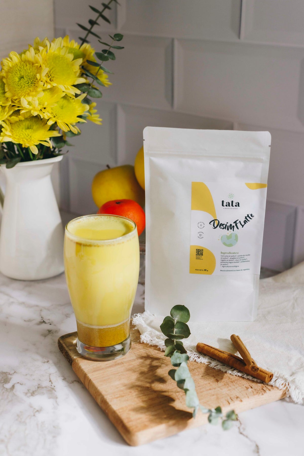Desimf Latte, bebida digestiva con cúrcuma y jengibre para la hinchazón abdominal, Tata Alimentos